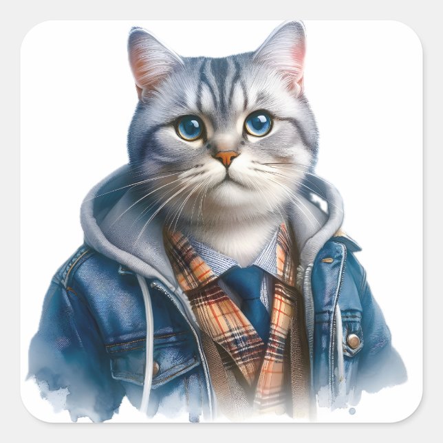 Cute Grey Tabby Cat with Blue Eyes Wearing Hoodie Square Sticker (Front)