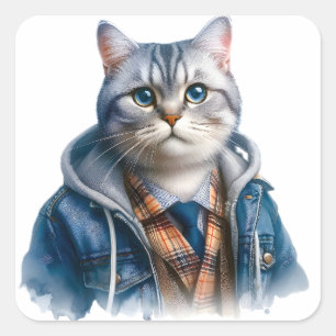 Cute Grey Tabby Cat with Blue Eyes Wearing Hoodie Square Sticker