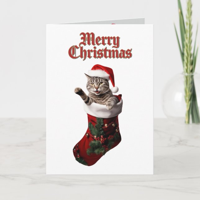 Cute Grey Tabby Christmas Holiday Card (Front)