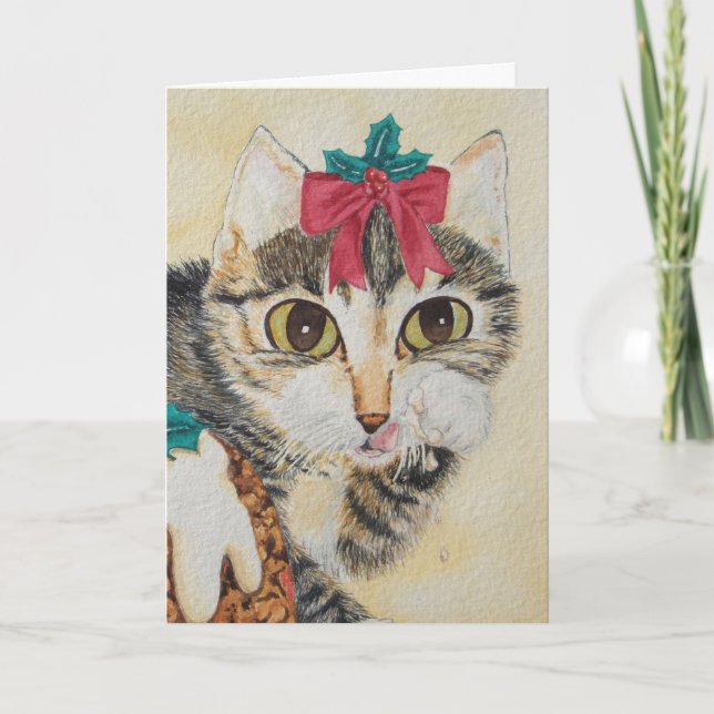 cute grey tabby kitten licking paw christmas cat holiday card (Front)