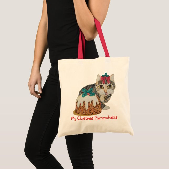 cute grey tabby kitten licking paw christmas cat tote bag (Front (Product))