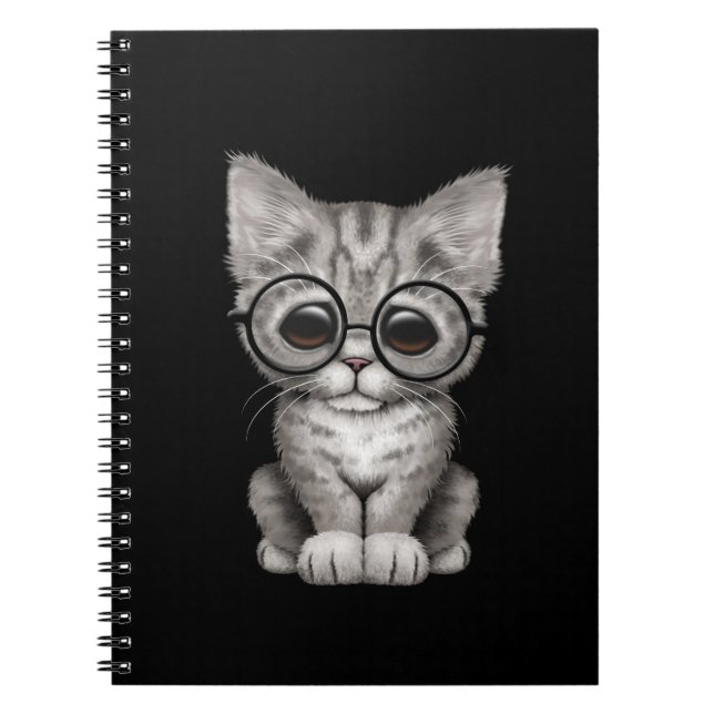 Cute Grey Tabby Kitten with Eye Glasses, black Notebook (Front)