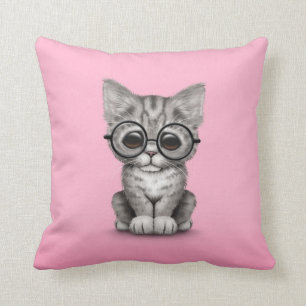 Cute Grey Tabby Kitten with Eye Glasses, pink Cushion