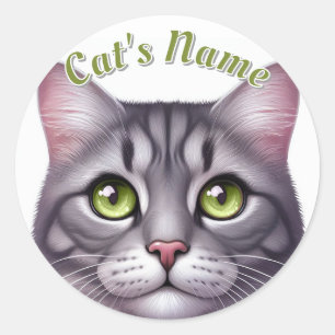 Cute Grey Tabby Shorthaired Cat • Personalised Classic Round Sticker