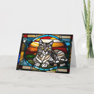 Cute Grey Tabby Stained Glass Card