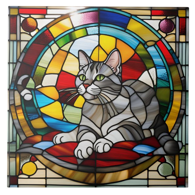 Cute Grey Tabby Stained Glass Decorative Tile (Front)