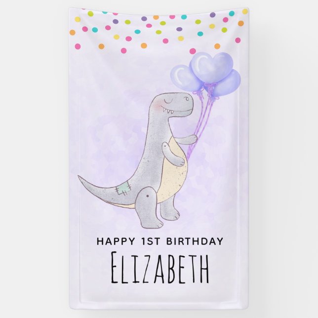 Cute Grey Tyrannosaurus Rex Dinosaur Toy Birthday  Banner (Vertical)