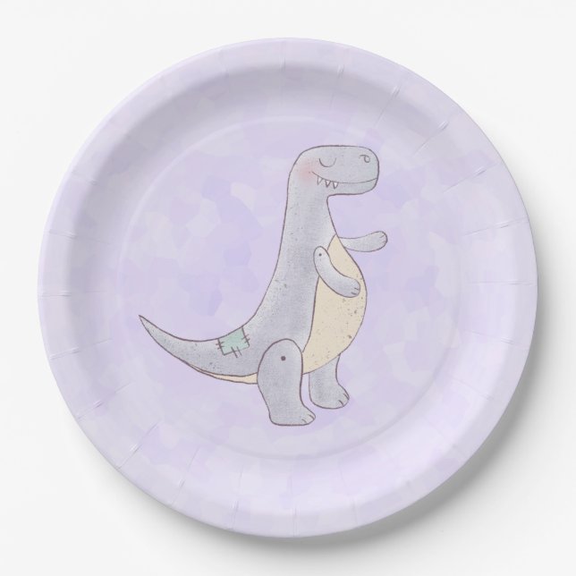 Cute Grey Tyrannosaurus Rex Dinosaur Toy Paper Plate (Front)
