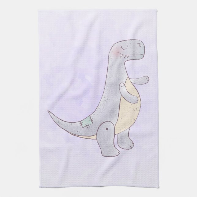 Cute Grey Tyrannosaurus Rex Dinosaur Toy Tea Towel (Vertical)