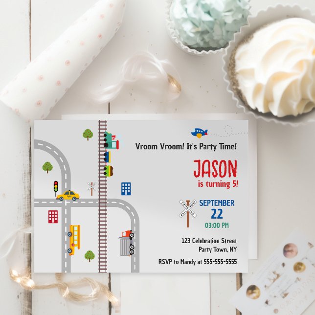Cute Grey Urban Traffic Boys Birthday Invitation (Creator Uploaded)