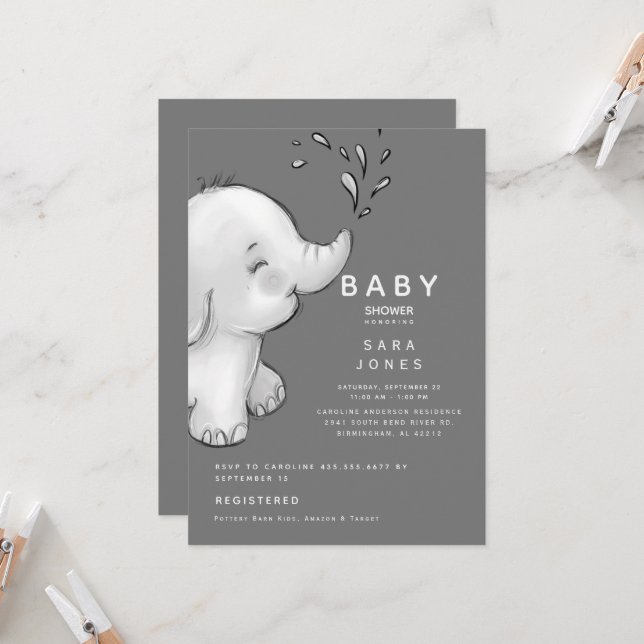 Cute Grey Watercolor Elephant Baby Shower  Invitation (Front/Back In Situ)