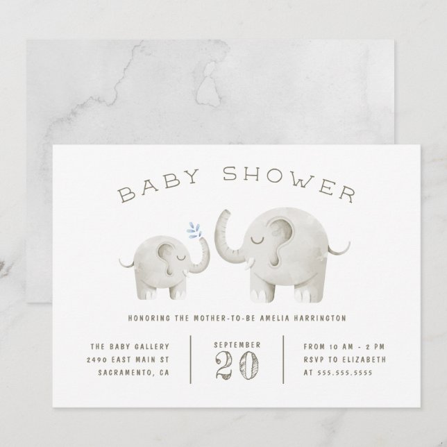 Cute Grey Watercolor Elephant Baby Shower Invitation (Front/Back)