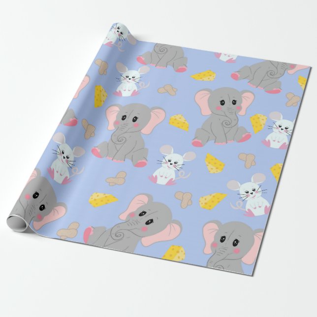 Cute Grey White Elephant Mouse Peanut Cheese Wrapping Paper (Unrolled)