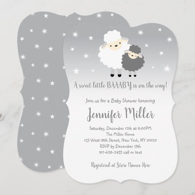 Cute Grey & White Lamb Baby Shower Invitation (Front/Back)