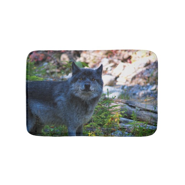 Cute Grey Wolf and Wilderness Forest Bath Mat (Front)