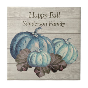 Cute Grey Wood Autumn Fall Blue Pumpkin Ceramic Tile