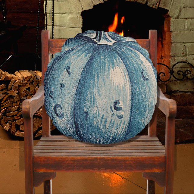 Cute  Grey Wood Autumn Fall Blue Pumpkin  Round Cushion (Creator Uploaded)