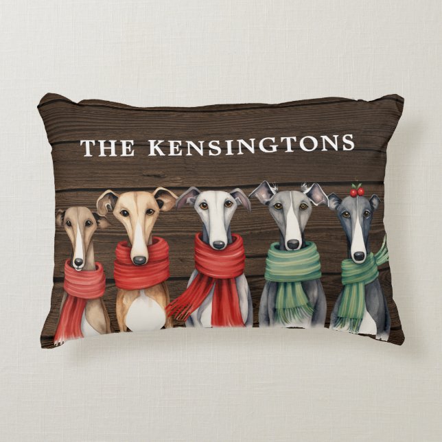 Cute Greyhound Dogs Wearing Winter Scarves Decorative Cushion (Front)