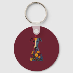 Cute Greyhound Whippet Floral Portrait Red Heart Key Ring