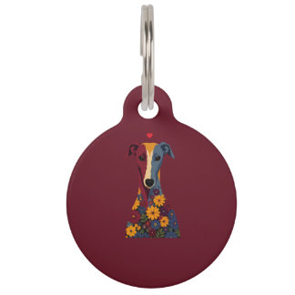 Cute Greyhound Whippet Floral Portrait Red Heart Pet Tag