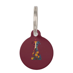 Cute Greyhound Whippet Floral Portrait Red Heart Pet Tag