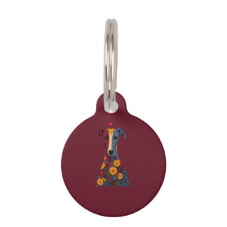 Cute Greyhound Whippet Floral Portrait Red Heart Pet Tag