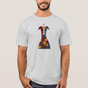 Cute Greyhound Whippet Floral Portrait Red Heart T-Shirt