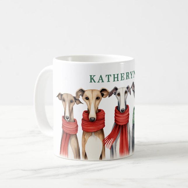 Cute Greyhounds and Whippets | Dogs in Scarves Coffee Mug (Front Left)