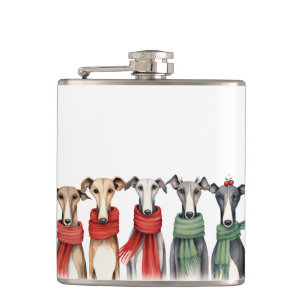 Cute Greyhounds and Whippets   Dogs in Scarves Hip Flask