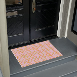 Cute Grid Lines Pattern Pastel Pink and Orange Doormat