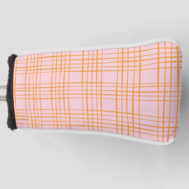Cute Grid Lines Pattern Pastel Pink and Orange Golf Head Cover (Front)