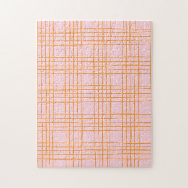 Cute Grid Lines Pattern Pastel Pink and Orange Jigsaw Puzzle (Vertical)