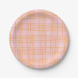 Cute Grid Lines Pattern Pastel Pink and Orange Paper Plate