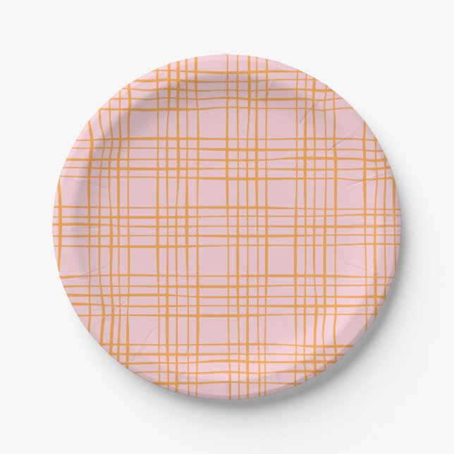 Cute Grid Lines Pattern Pastel Pink and Orange Paper Plate (Front)