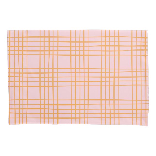 Cute Grid Lines Pattern Pastel Pink and Orange Pillowcase (Front)