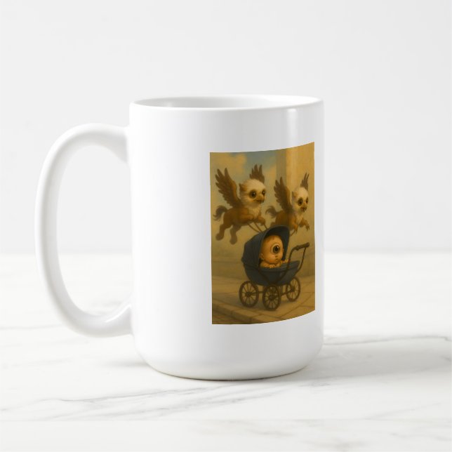 Cute Griffins & Baby Cyclops Mythology Fantasy Art Coffee Mug (Left)