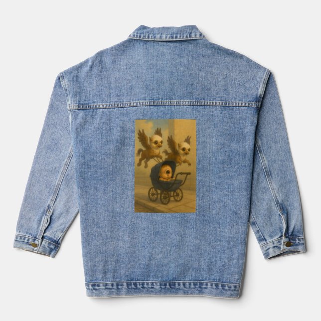 Cute Griffins & Baby Cyclops Mythology Fantasy Art Denim Jacket (Back)