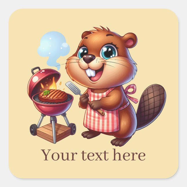 Cute grilling beaver add text square sticker (Front)