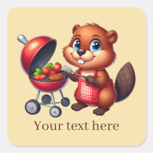 Cute grilling beaver add text square sticker