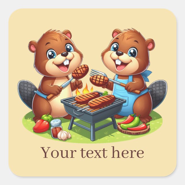 Cute grilling beaver add text  square sticker (Front)