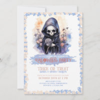 Cute Grim Reaper and Flowers Watercolor