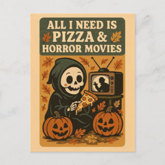 Cute Grim Reaper Eating Pizza Funny Halloween Postcard