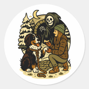 Cute Grim Reaper Girl and Dog Spooky Forest Night Classic Round Sticker
