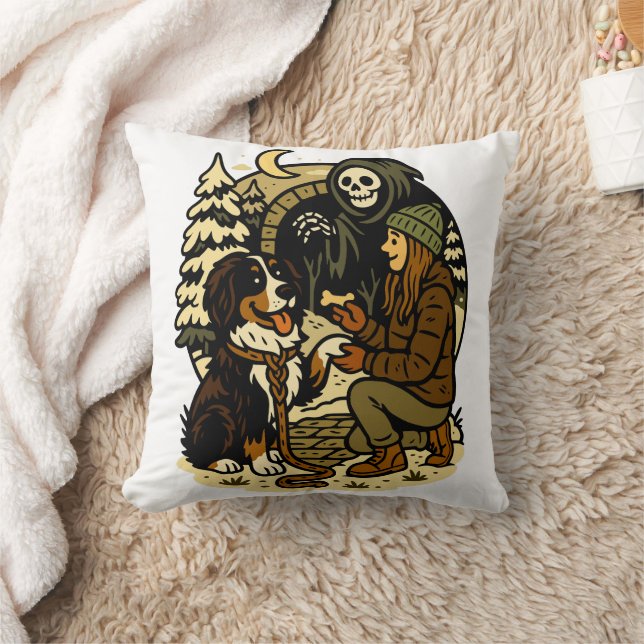 Cute Grim Reaper Girl and Dog Spooky Forest Night Cushion (Blanket)