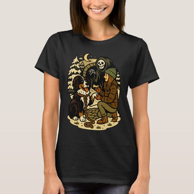 Cute Grim Reaper Girl and Dog Spooky Forest Night T-Shirt (Front)
