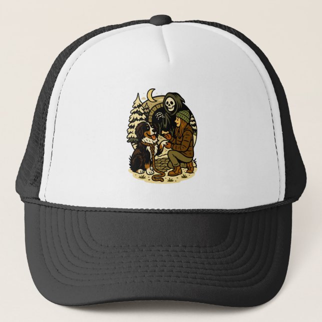 Cute Grim Reaper Girl and Dog Spooky Forest Night Trucker Hat (Front)
