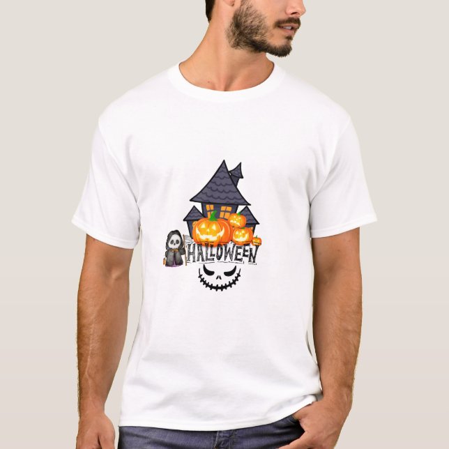 Cute Grim Reaper & Haunted House Halloween T-Shirt (Front)
