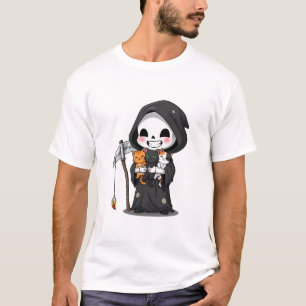 Cute Grim Reaper Holding Three Cats Cartoon T-Shirt