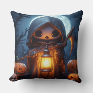 Cute Grim Reaper with Lantern Amid Halloween Pumpk Cushion
