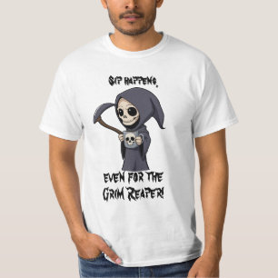 Cute Grim Reaper with Skull Mug Cartoon Art T-Shirt